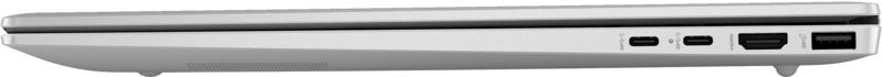 Egy ezüst laptop oldalsó nézete, portokat és szellőzőket mutat.