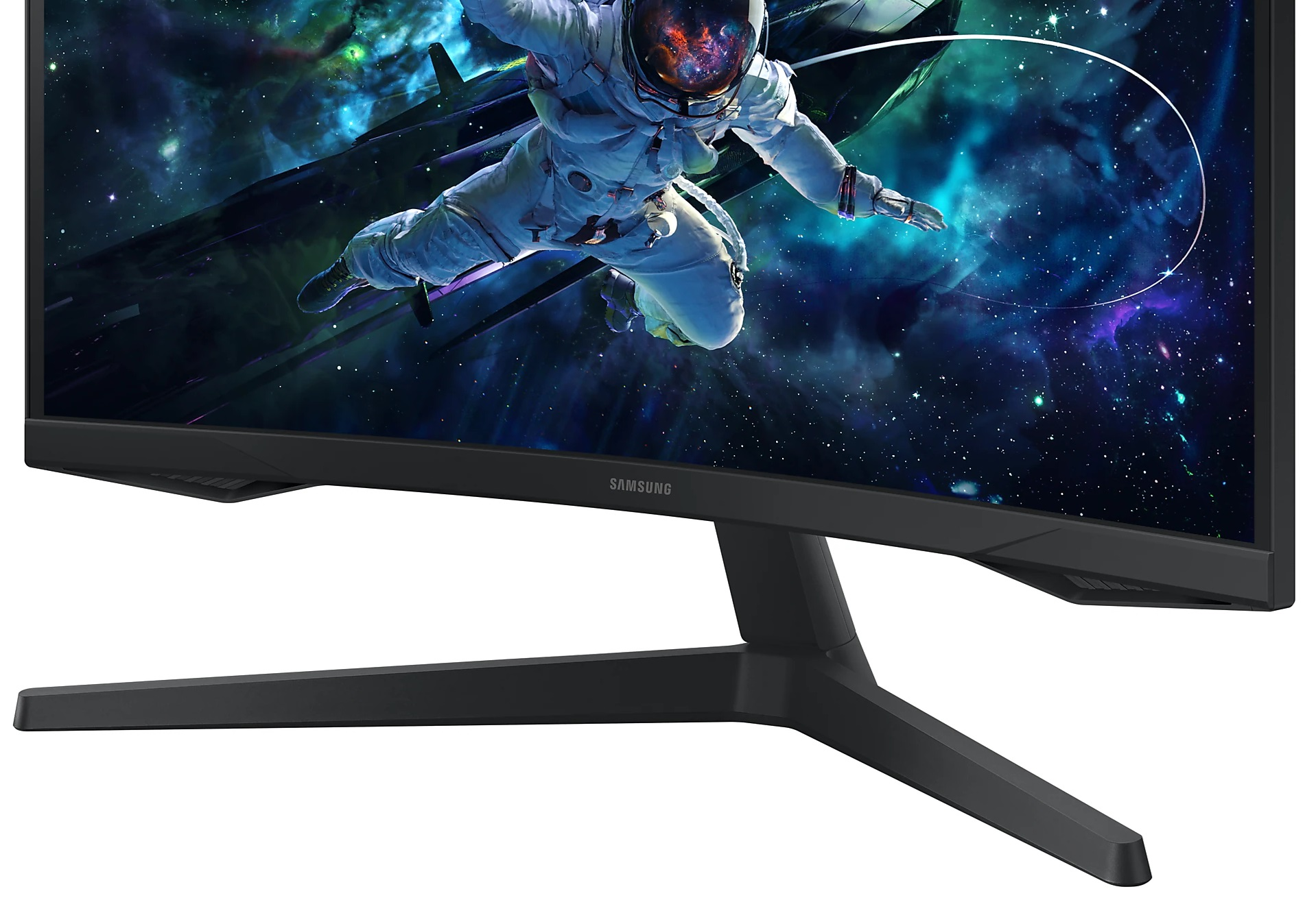 Zakrzywiony czarny monitor z astronautą w scenie kosmicznej.