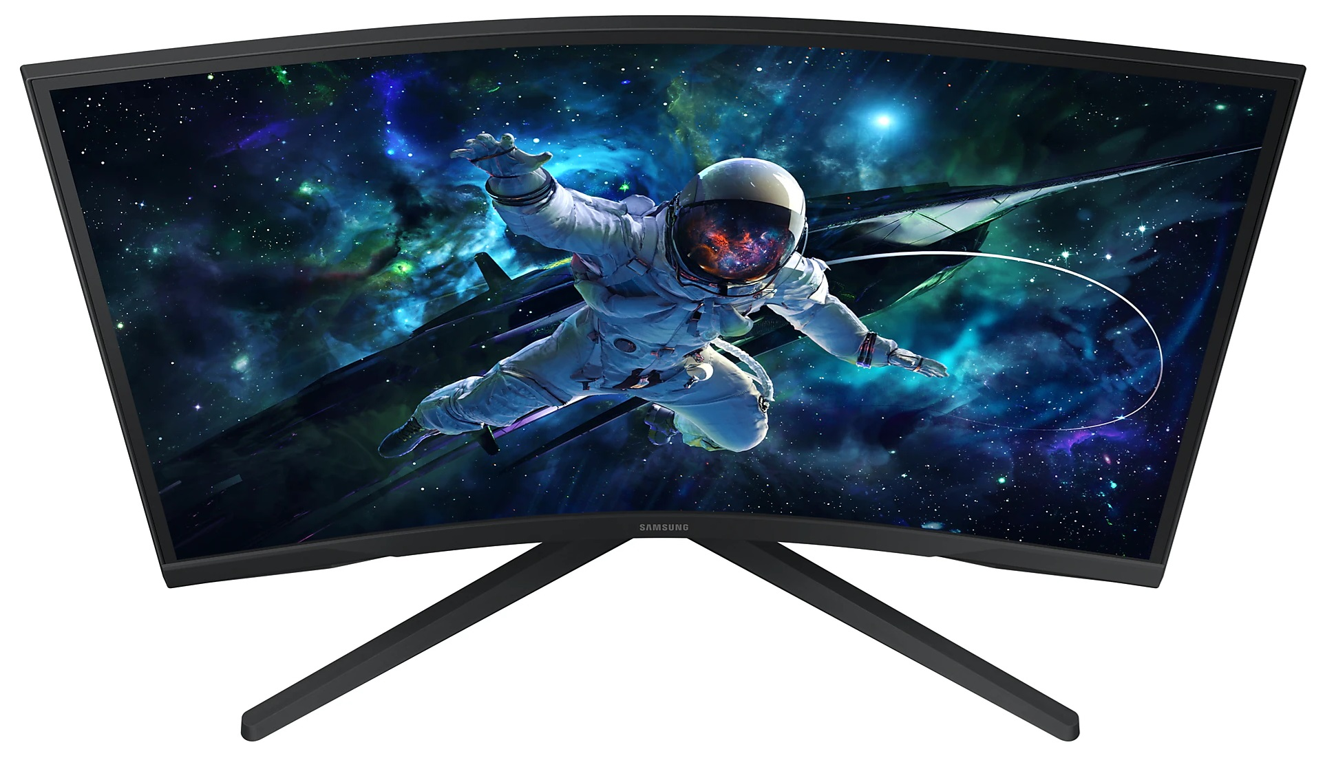 Zakrzywiony, czarny monitor komputera z astronautą w kosmosie.