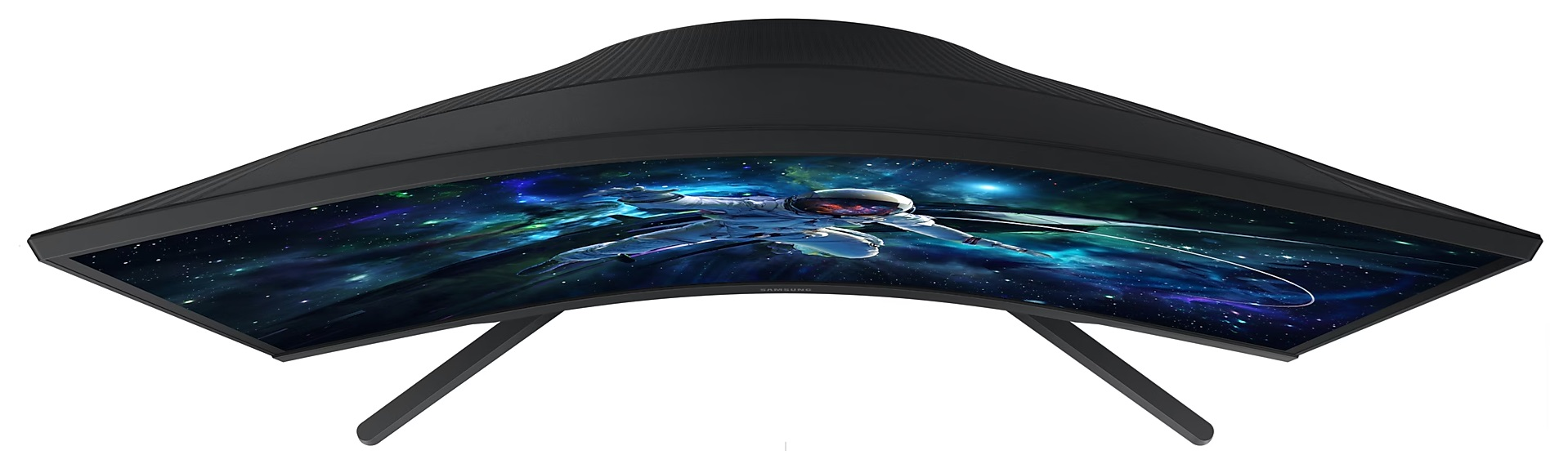 Zakrzywiony czarny monitor, widok z góry z wyświetloną sceną kosmiczną.