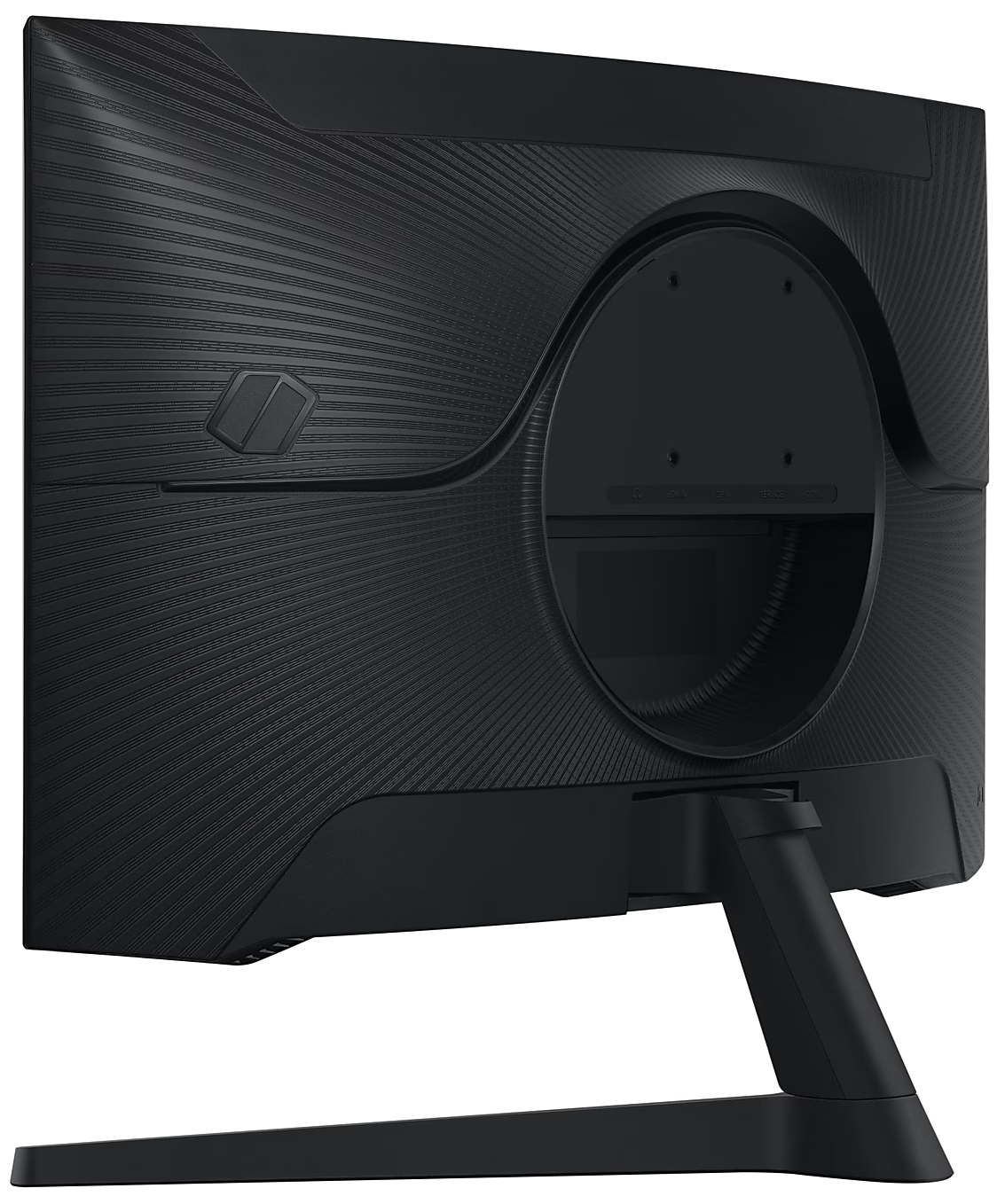 Tył czarnego monitora z teksturowanym wzorem i podstawką.