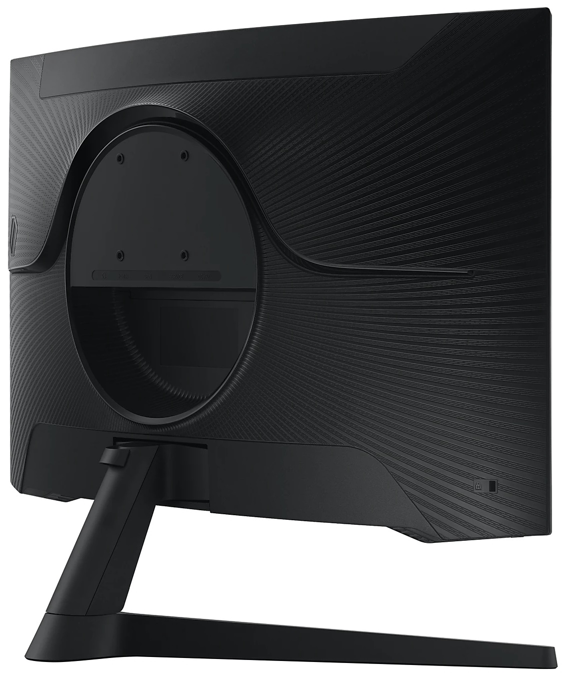 Tył czarnego monitora z teksturowanym wzorem i podstawką.
