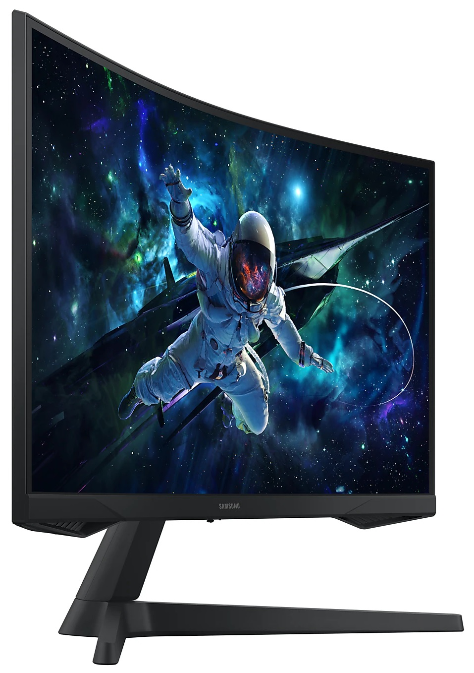 Zakrzywiony czarny monitor z astronautą w kosmosie, widok z boku.