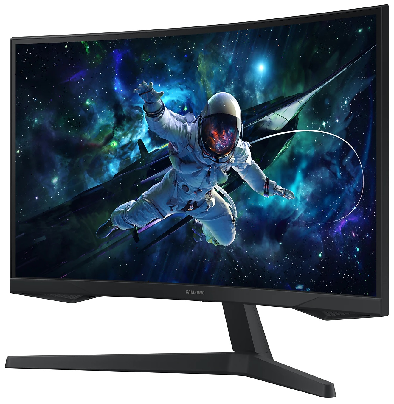 Zakrzywiony monitor z kosmiczną sceną i astronautą.