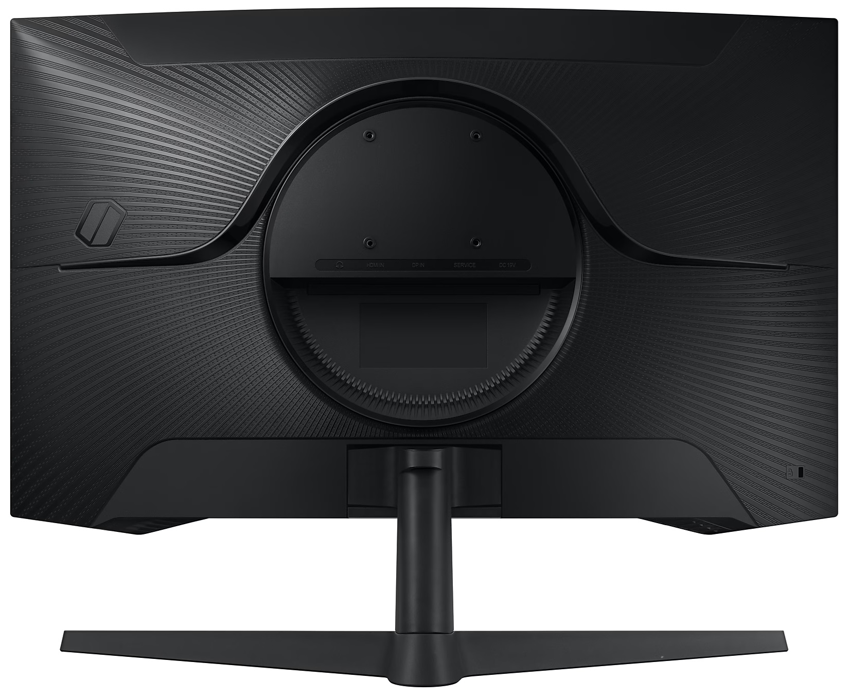 Tył czarnego monitora. Monitor ma podstawę, widoczne są porty.