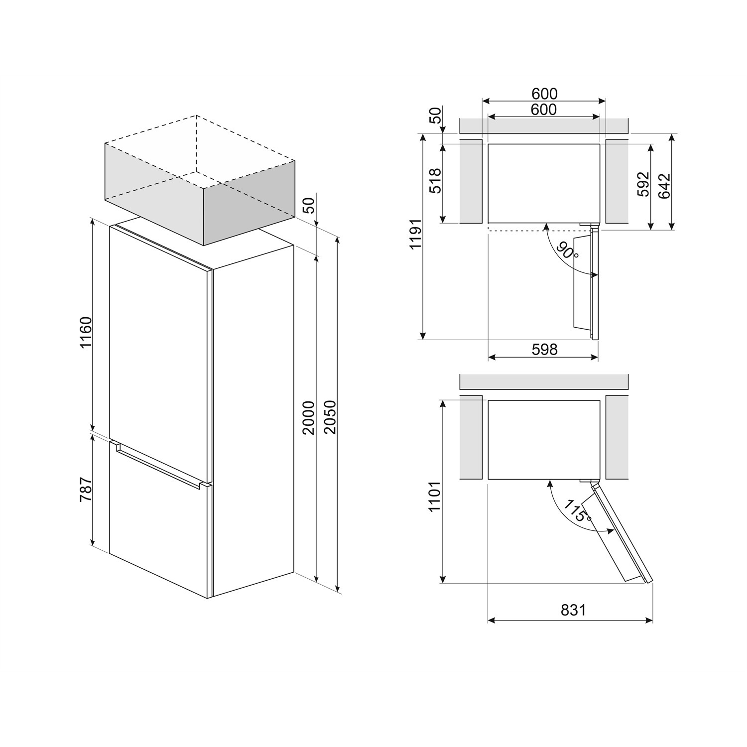 Diagram met afmetingen en aanzichten van een koelkast, bovenaanzicht en zijaanzicht.