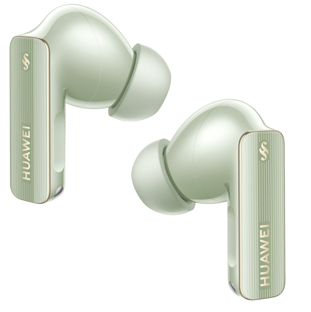 Dwa zielone słuchawki Huawei. Każdy ma trzon z logo i słowem Huawei.