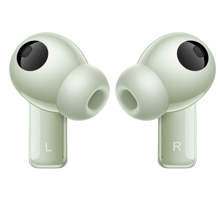 Dwa jasnozielone słuchawki douszne z oznaczeniami L i R.