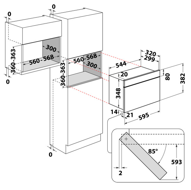 Mikrohullámú sütő méreteinek diagramja, amely a magasságot, a szélességet és a mélységet mutatja mérésekkel.