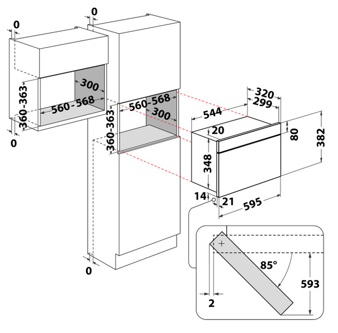 Mikrohullámú sütő méreteinek diagramja, amely a magasságot, a szélességet és a mélységet mutatja mérésekkel.