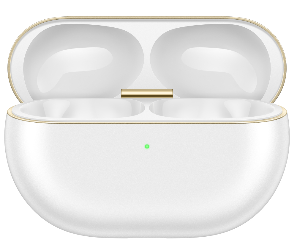 Białe, owalne etui na słuchawki, otwarte. Złote wykończenie. Zielone światło pośrodku.