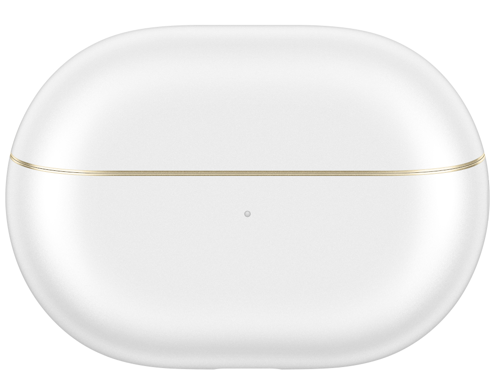 Białe owalne etui ładujące ze złotą obwódką. Małe światło na środku.