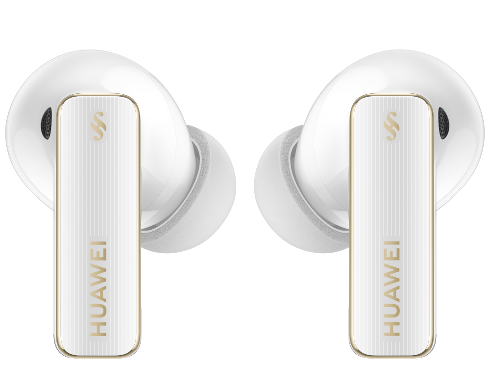 Białe słuchawki Huawei ze złotymi akcentami.