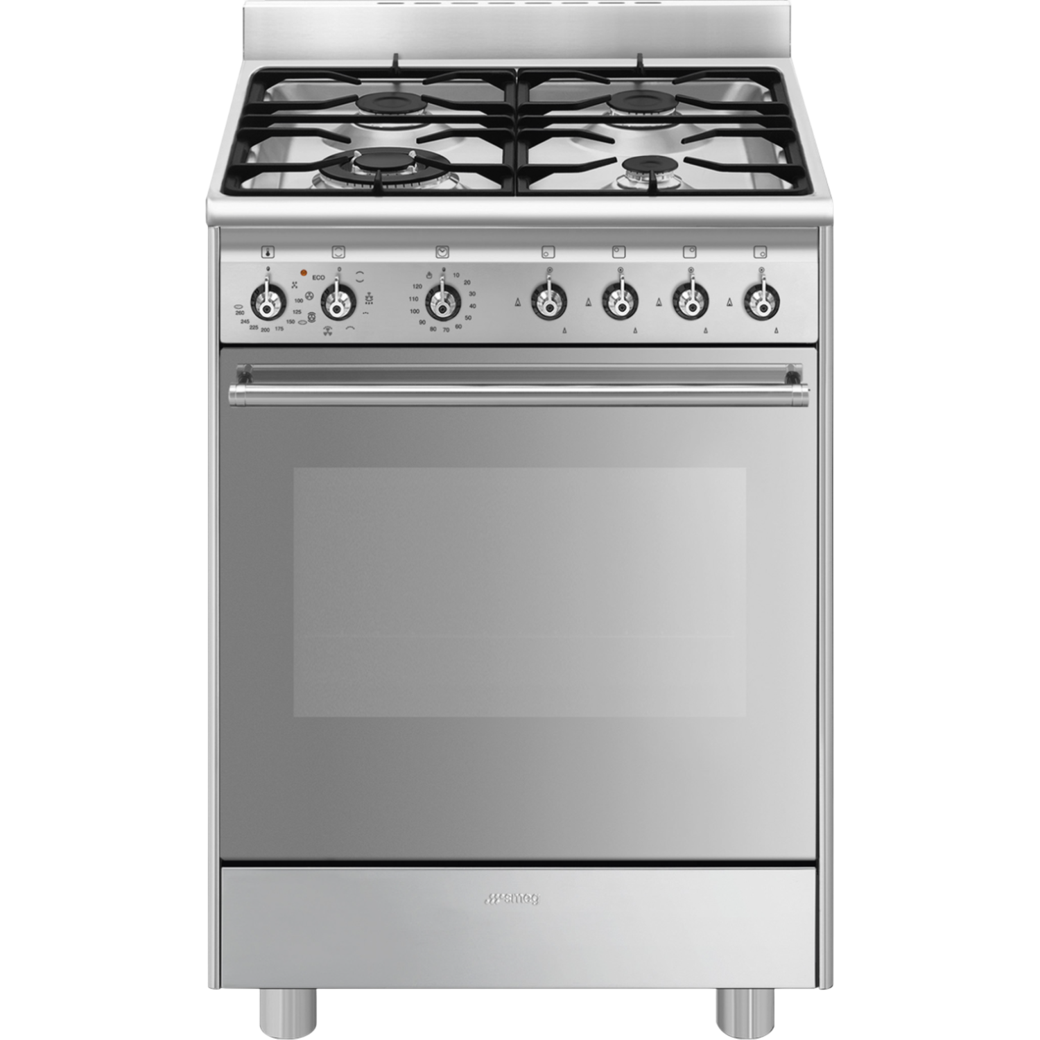Cuisinière à gaz en acier inoxydable avec quatre brûleurs, porte du four fermée. Boutons de contrôle. Marque Smeg.