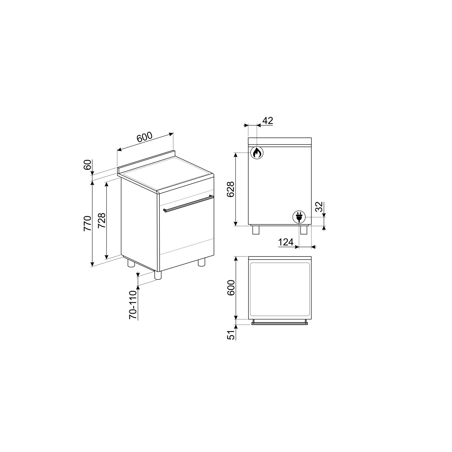 Un dessin technique avec les dimensions d'une cuisinière. La cuisinière est montrée sous trois angles.