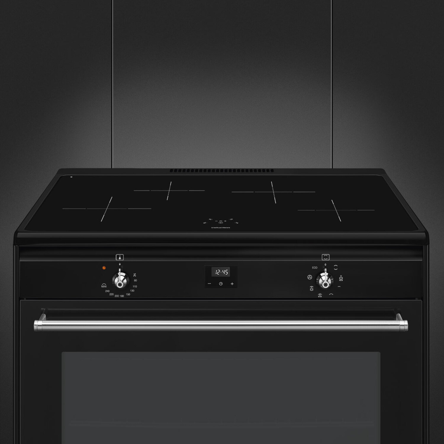 Black oven with integrated cooktop and digital display.