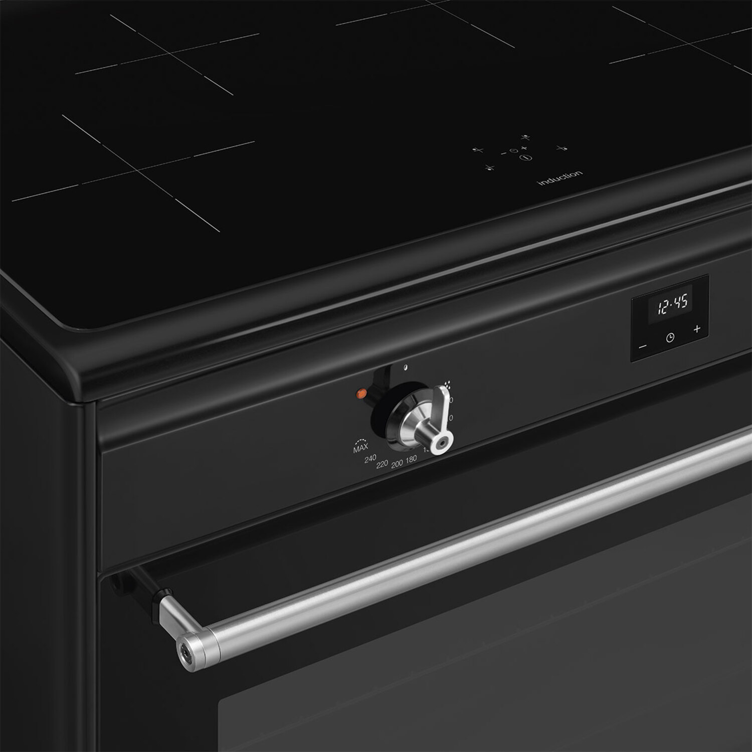 Close up of a black oven control panel. A clock and knobs are visible.