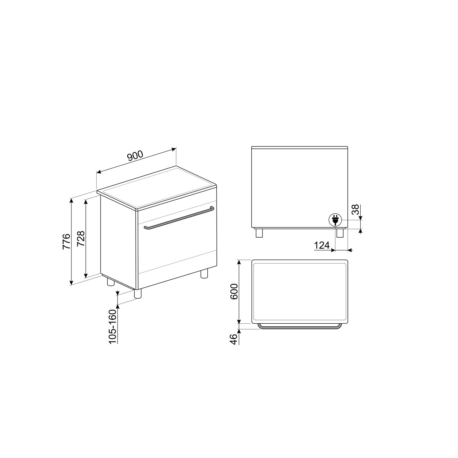 A technical drawing with dimensions of a stove. The stove is shown from three angles.