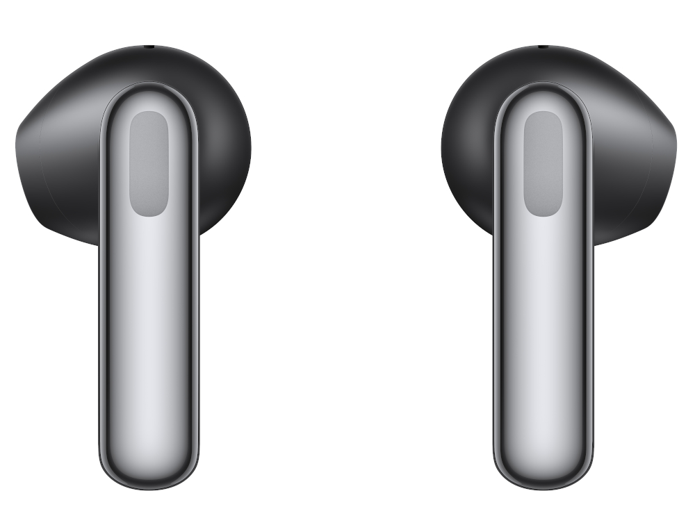 Dwa czarne i srebrne słuchawki douszne, widok pod kątem na białym tle. Nowoczesny design.