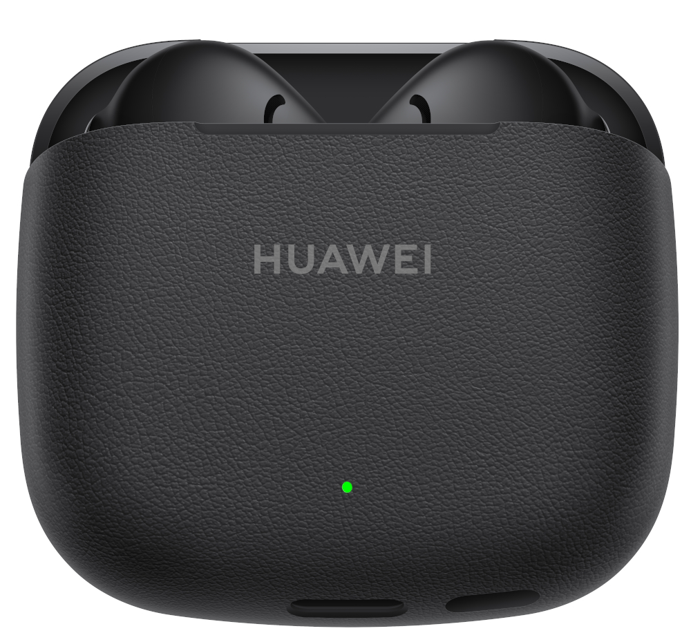 Czarne etui ładujące słuchawek z napisem 'HUAWEI'. Świeci się zielone światło. Białe tło.