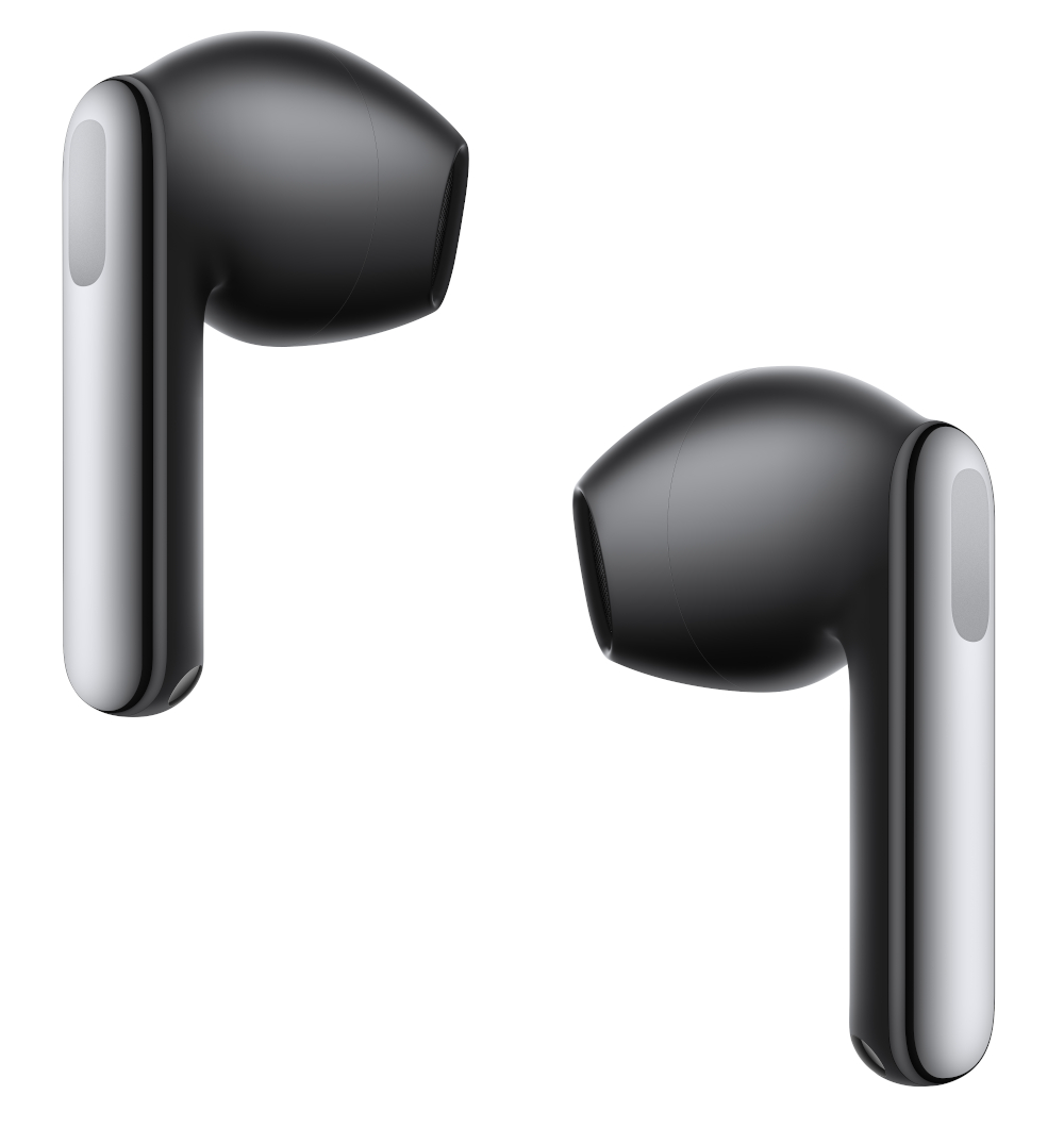 Dwa czarne i srebrne słuchawki douszne, widok pod kątem na białym tle. Nowoczesny design.