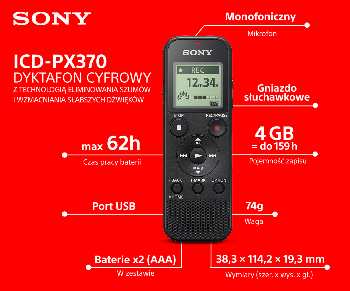 Cyfrowy dyktafon Sony na czerwonym tle. Tekst i diagramy szczegółowo opisujące funkcje i specyfikacje.