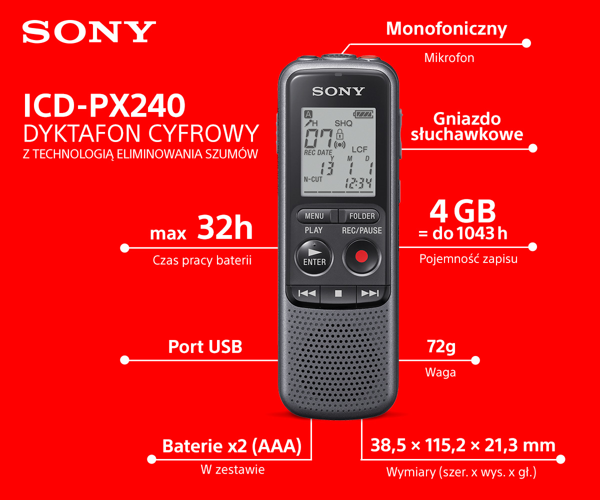 Cyfrowy dyktafon Sony na czerwonym tle. Tekst i diagramy szczegółowo opisujące funkcje i specyfikacje.