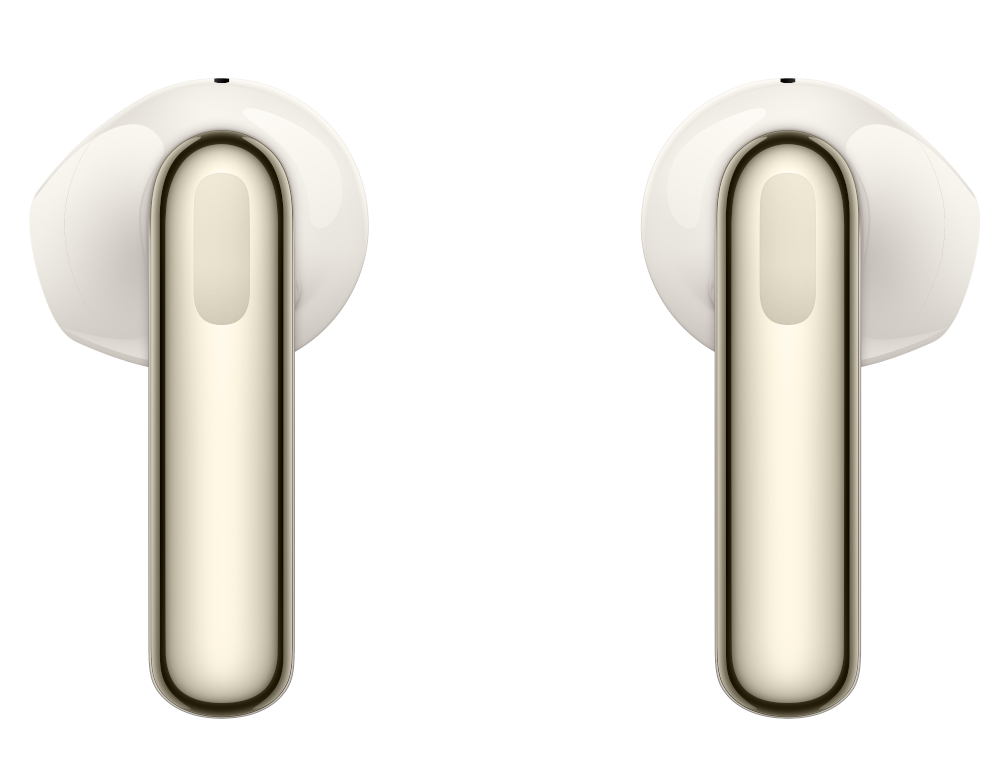 Dwa bezprzewodowe słuchawki w kolorze złamanej bieli na białym tle. Każdy ma trzon i zaokrągloną słuchawkę.