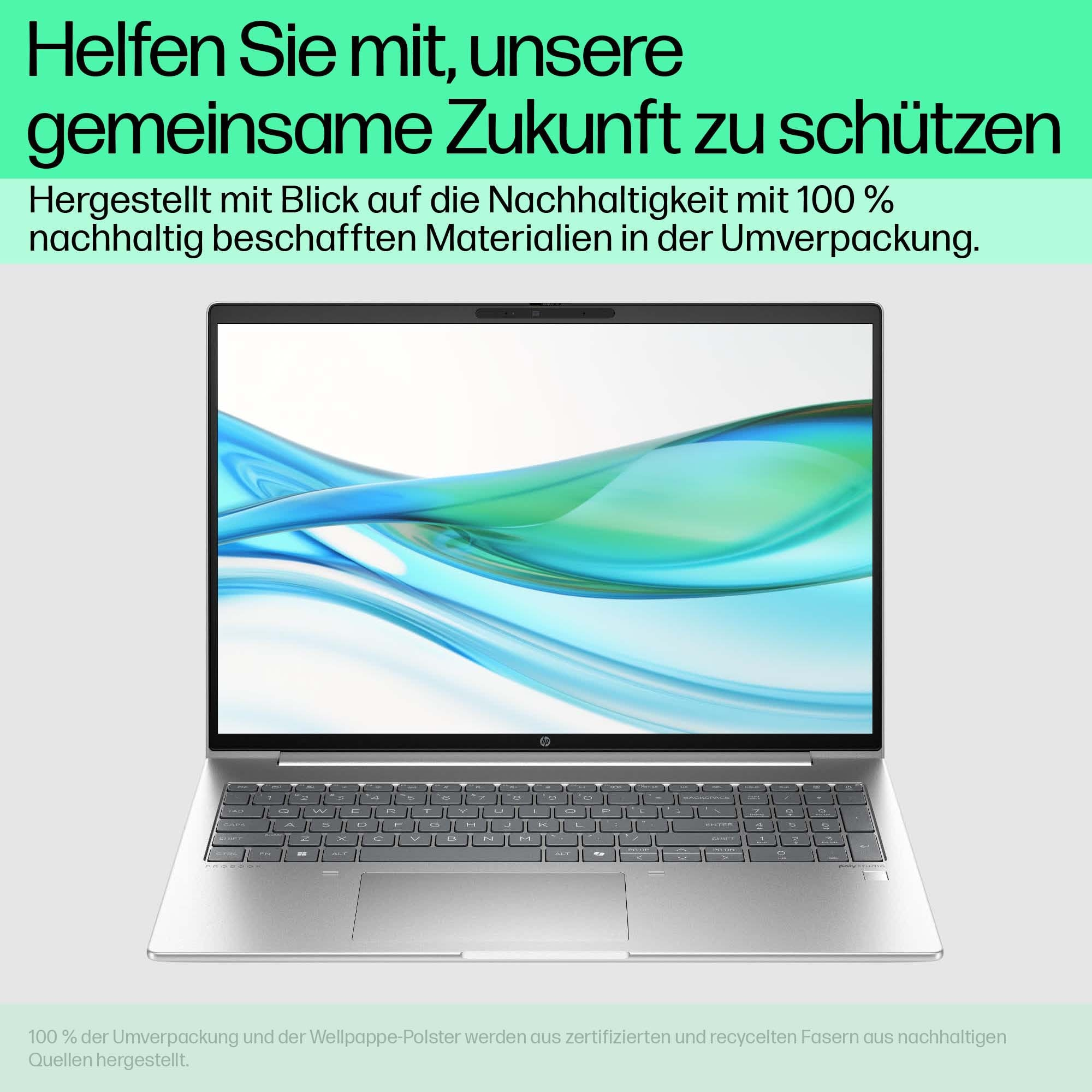 Laptop mit eingeschaltetem Bildschirm, der einen blauen und weißen Hintergrund zeigt.