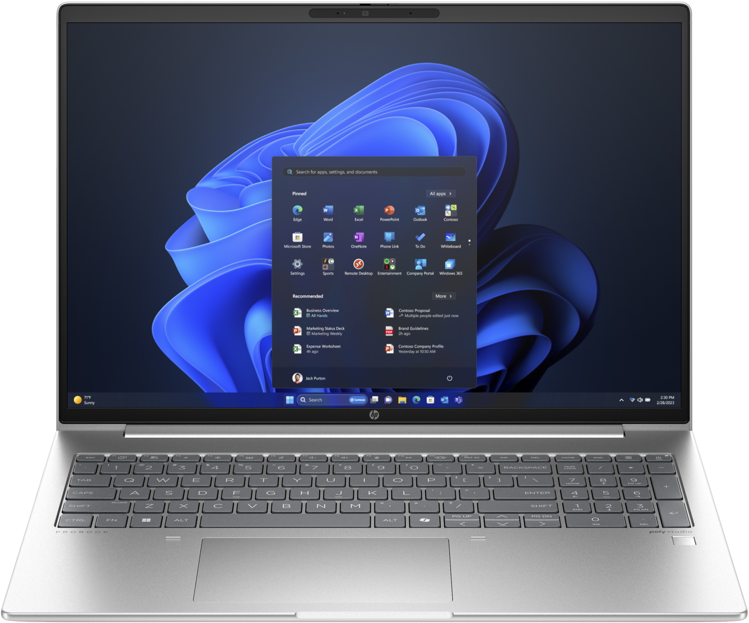 Ein silberner Laptop mit Windows 11-Oberfläche auf dem Bildschirm. HP-Logo unten.