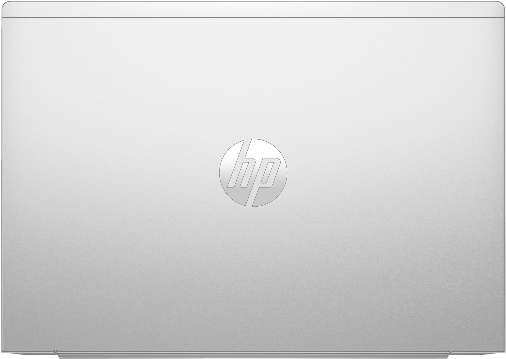 Die Rückseite eines silbernen Laptops mit dem HP-Logo in der Mitte.