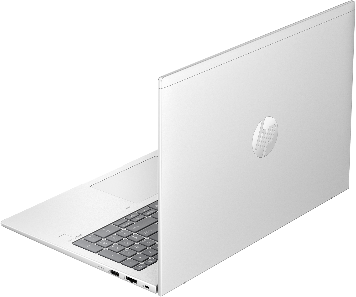 Weißer Laptop mit HP-Logo auf der Rückseite.