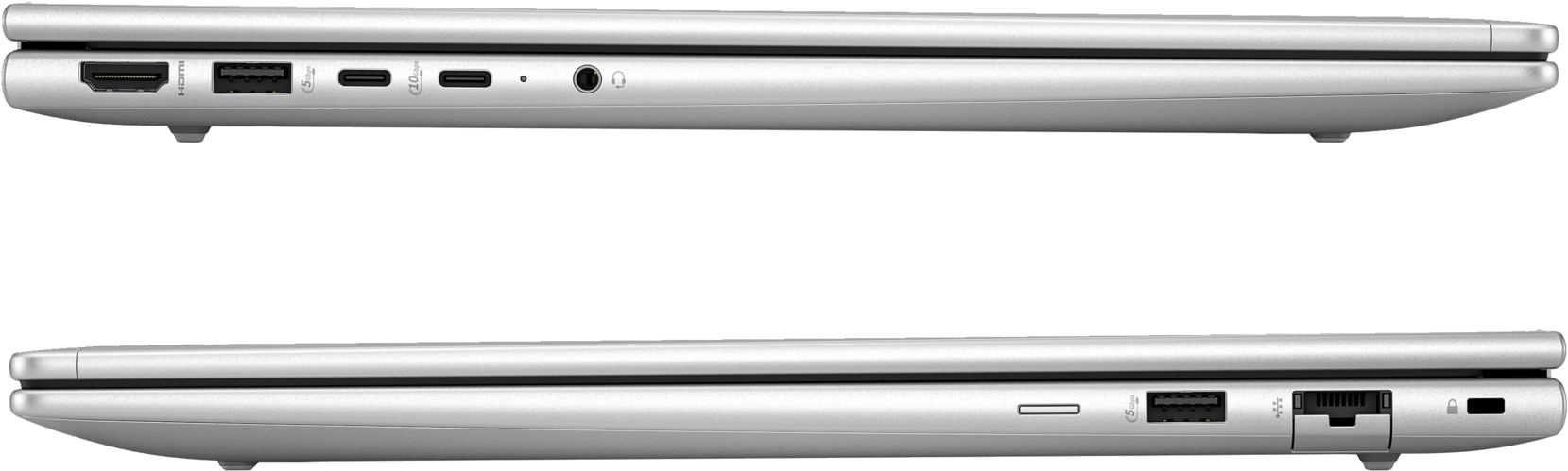 Seitenansicht eines silbernen Laptops mit Anschlüssen, einschließlich HDMI und USB.