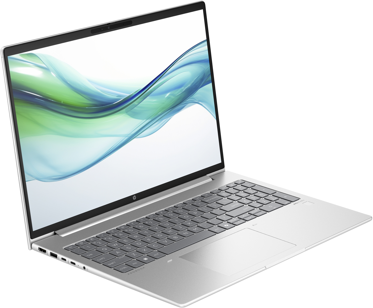 Ein silberner Laptop mit schmalem Rahmen, der ein blaues und grünes Wellendesign zeigt.