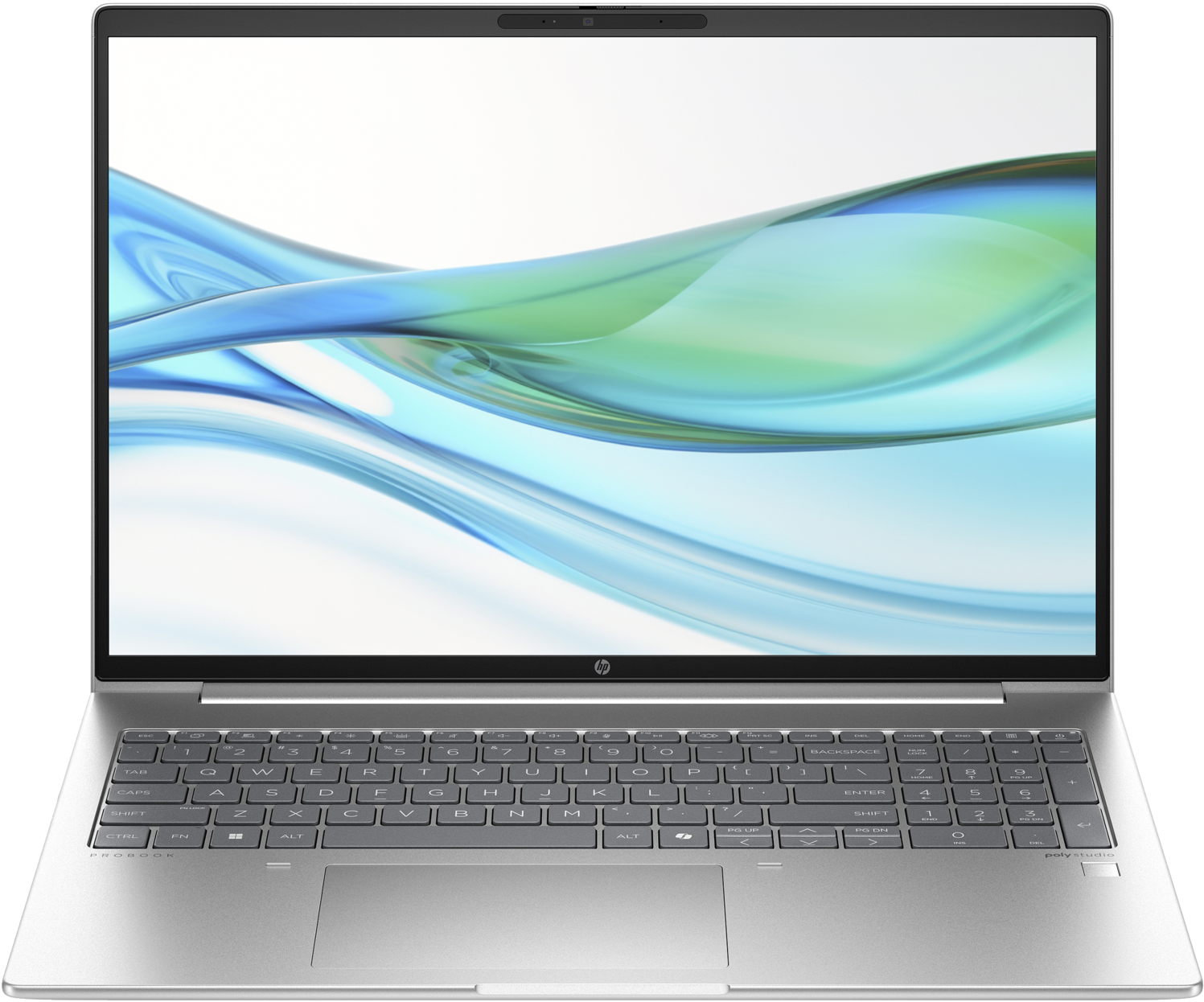 Offener Laptop mit einem weißen und blauen abstrakten Hintergrund.