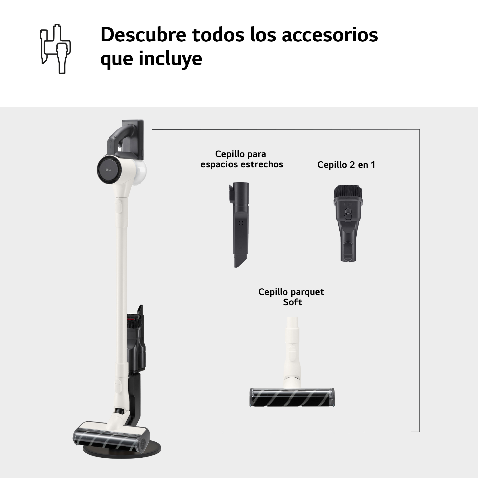 Aspiradora LG blanca con accesorios: cepillos.