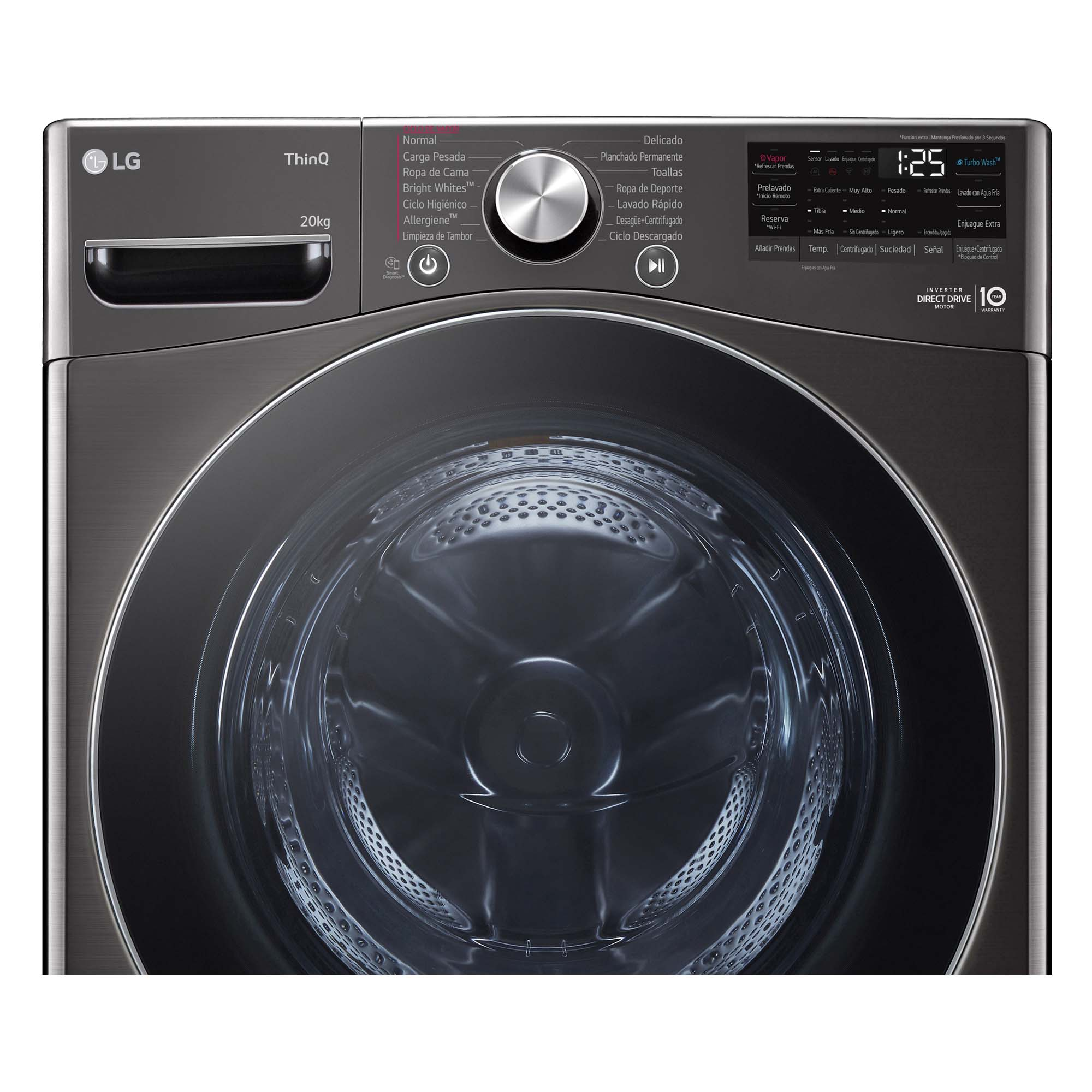 Lavadora LG negra, vista frontal, con panel de control.