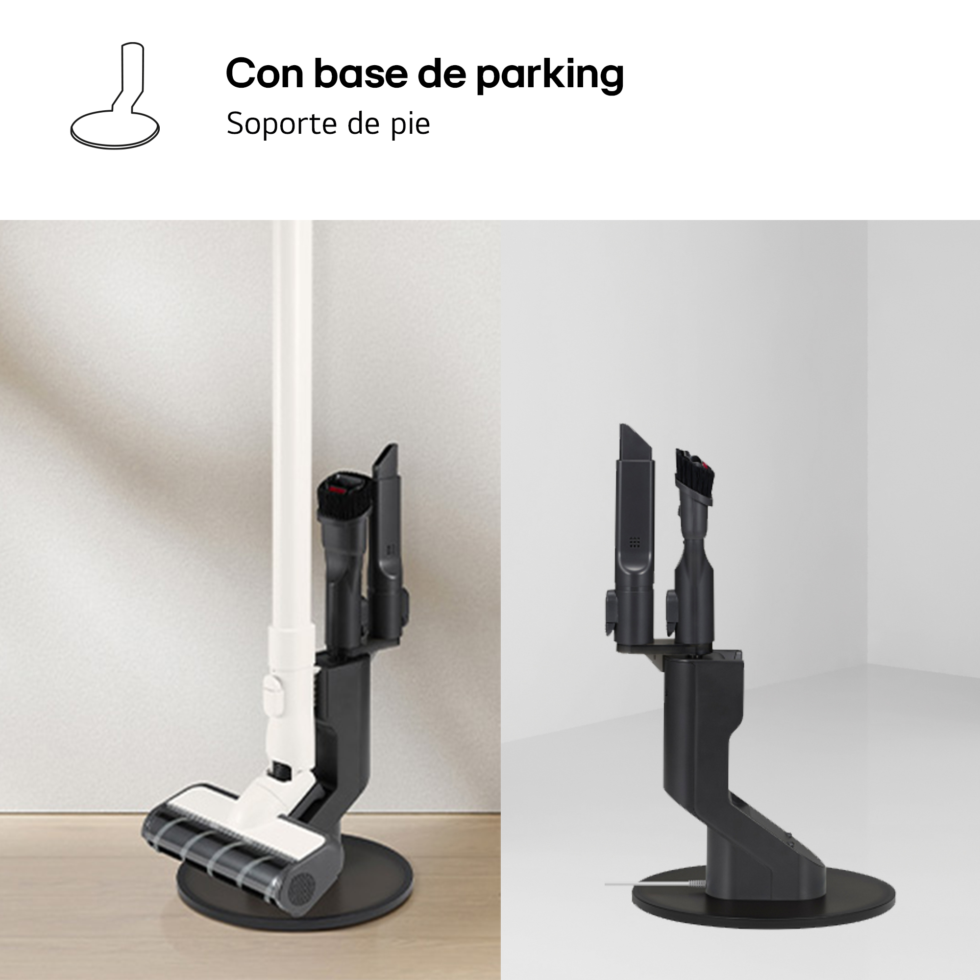 Un soporte para aspiradora con la aspiradora y accesorios, con fondo de pared blanca.