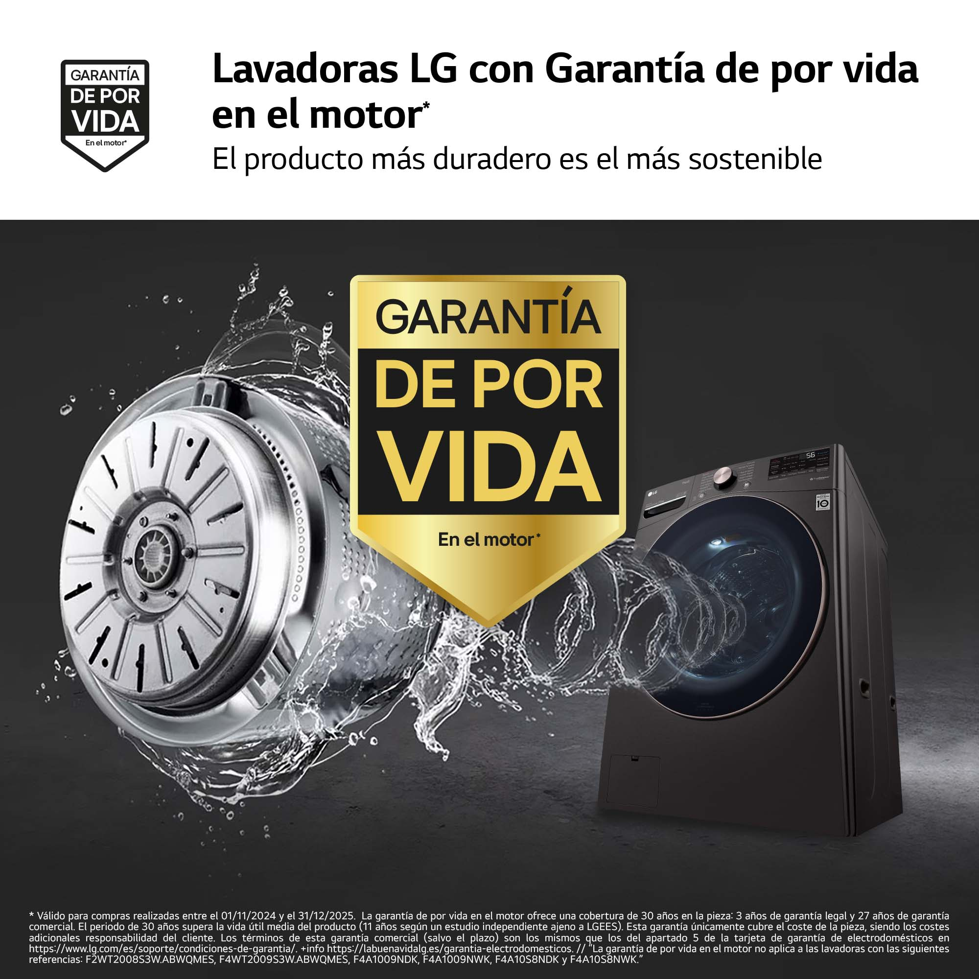 Anuncio de lavadora LG con lavadora y motor, y texto de garantía.