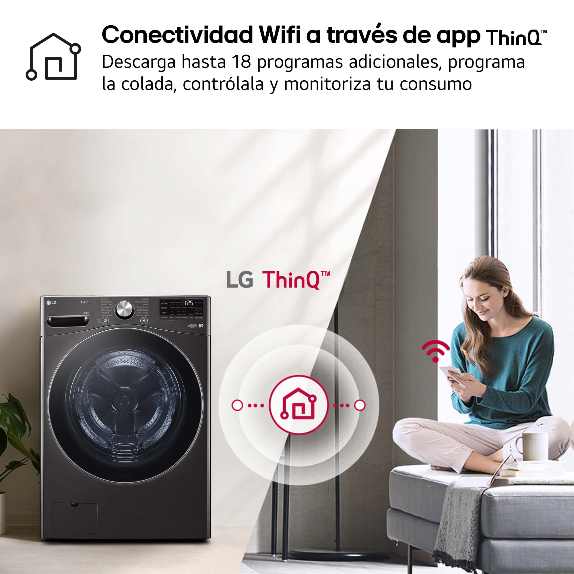 Mujer usando teléfono cerca de una lavadora, mostrando conectividad wifi.