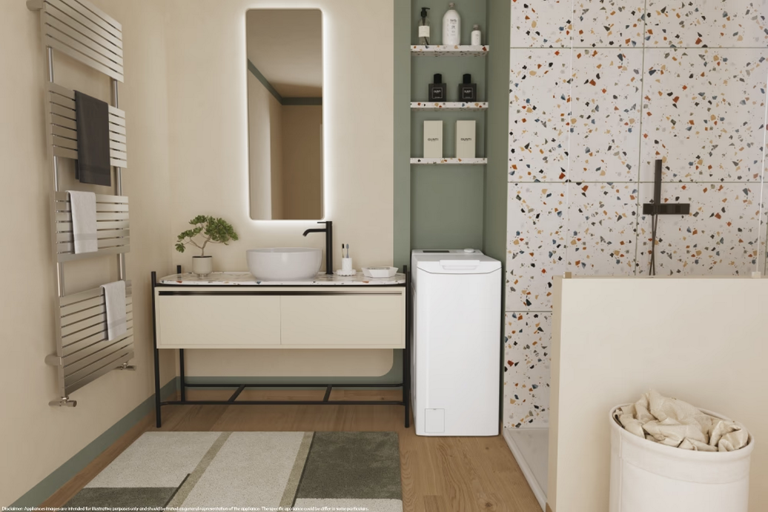 Un baño luminoso con una lavadora blanca, un espejo y un lavabo.