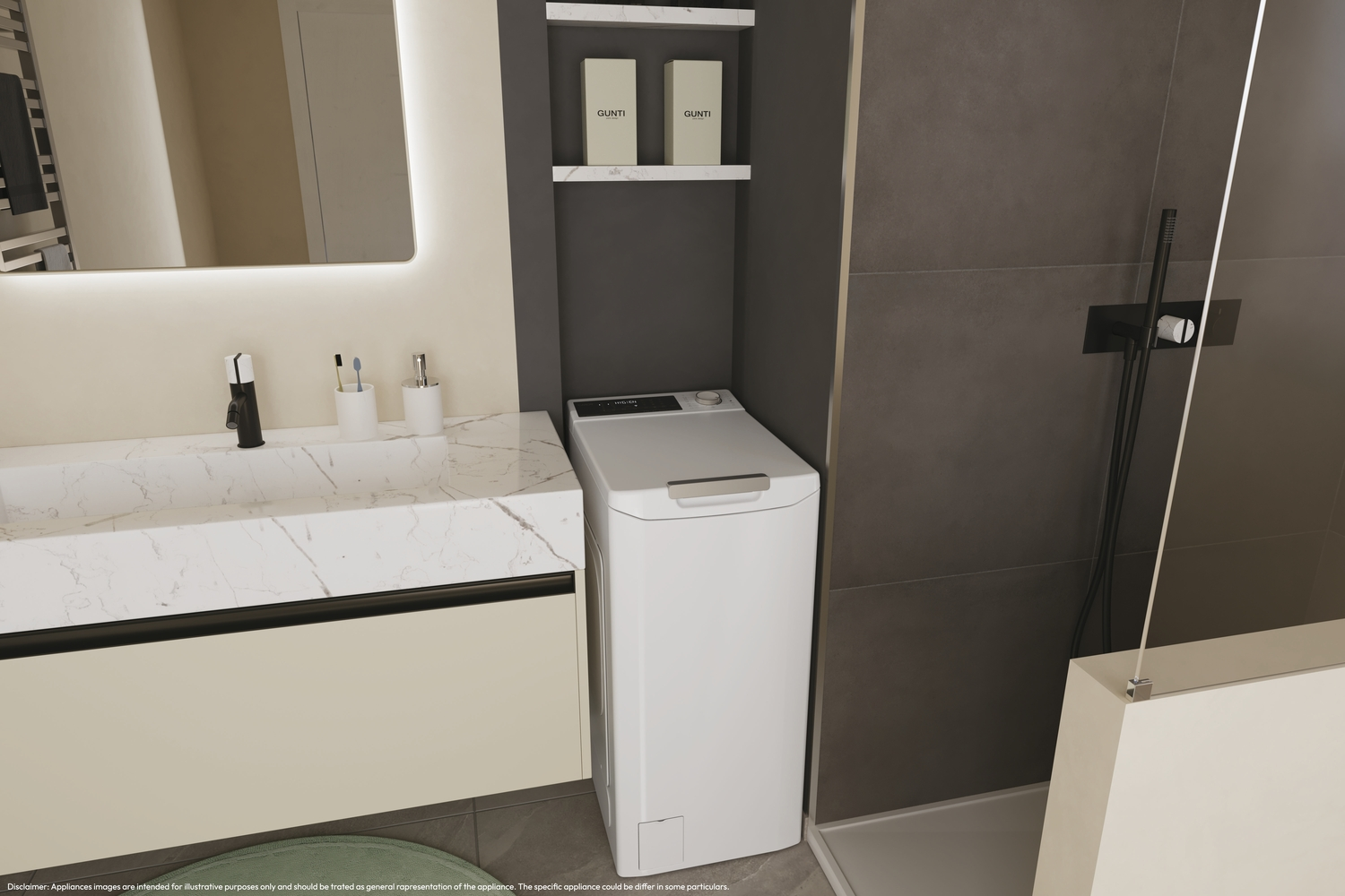 Una lavadora blanca en un baño. Está junto a un lavabo, con espejo y estantes arriba. Pared gris oscura.