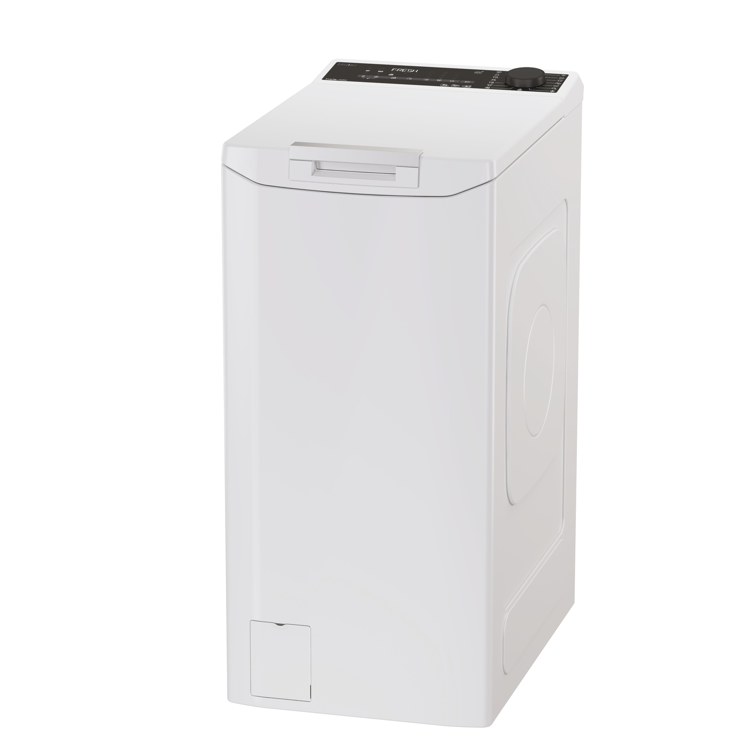 Lavadora de carga superior blanca sobre un fondo blanco. La máquina está en ángulo y tiene una puerta lateral.