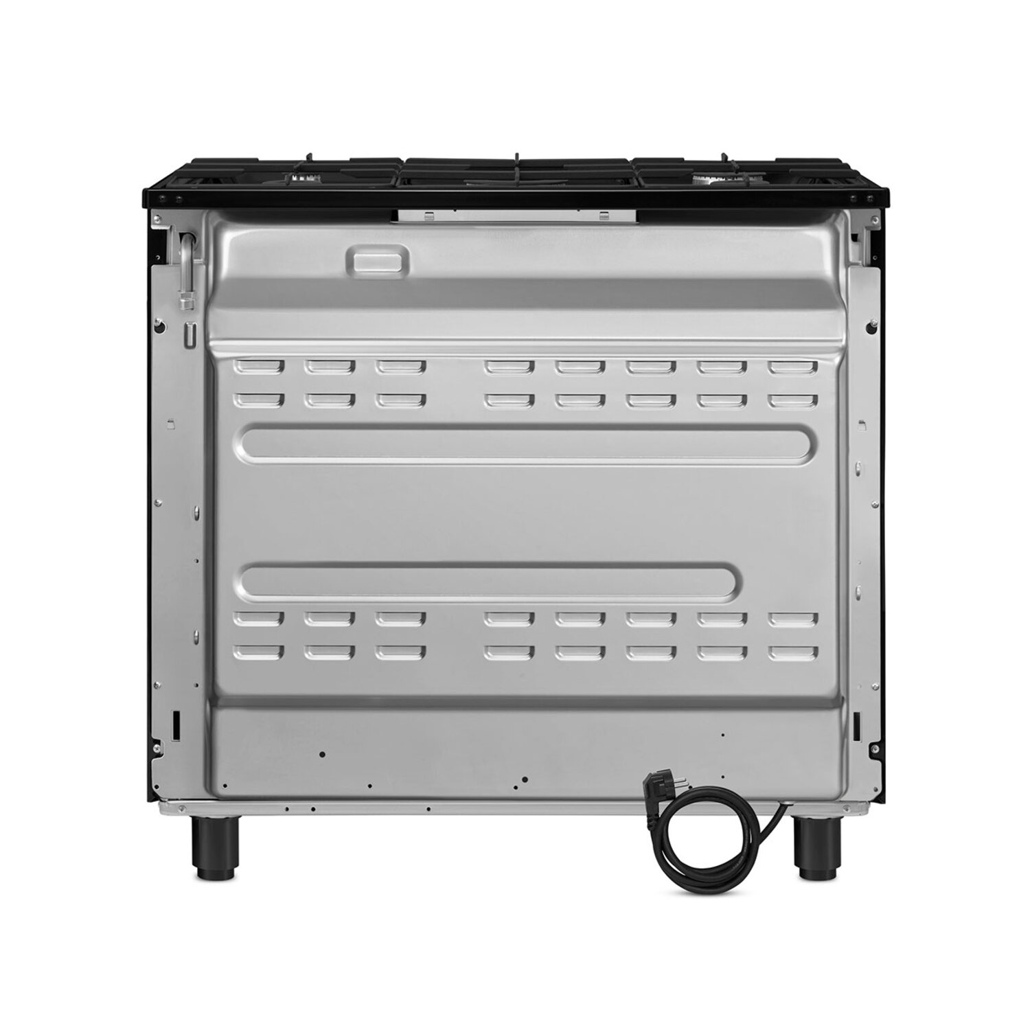 Back view of a black and silver gas stove, with burners and a power cord.
