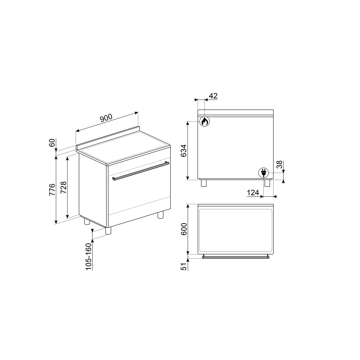 Technical drawing of a stove with dimensions.