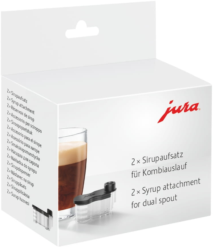 Confezione Jura con bicchiere di caffè e accessorio per sciroppo. Descrizione multilingue.
