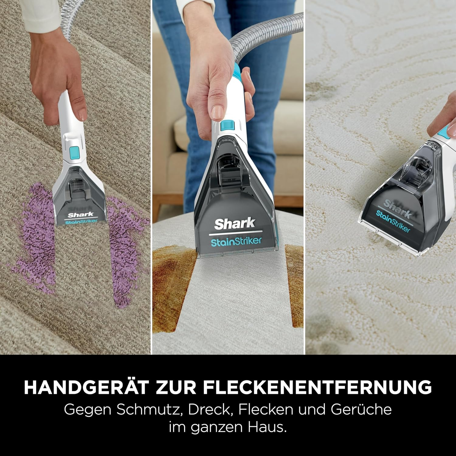 Ein Handstaubsauger, der einen befleckten Teppich reinigt.
