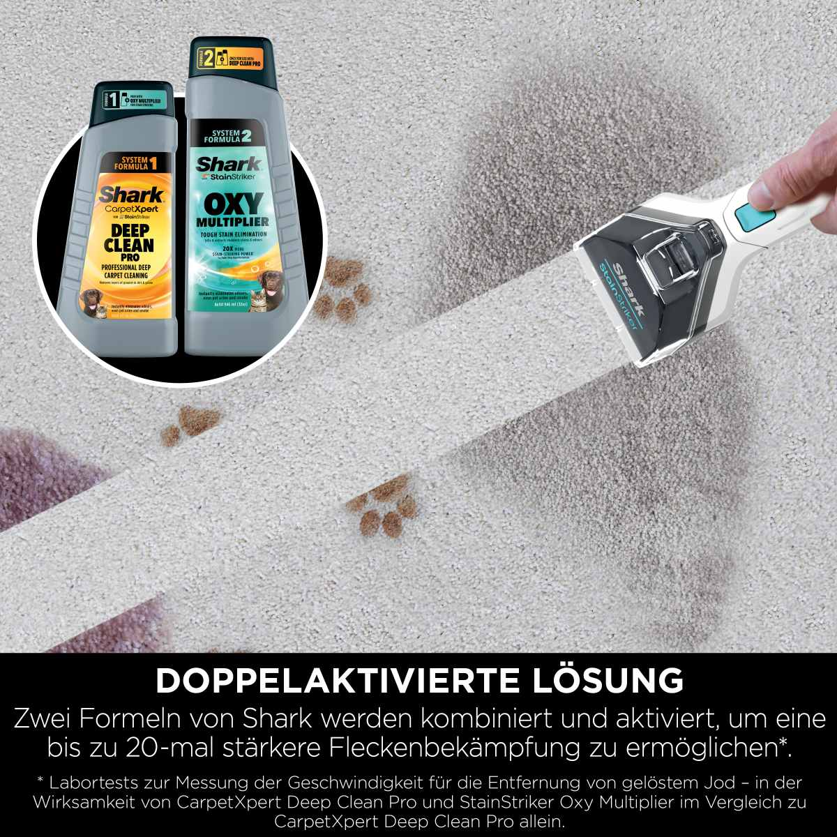 Zwei Reinigungsmittel und ein Reinigungskopf werden auf dem grauen Teppich gezeigt.