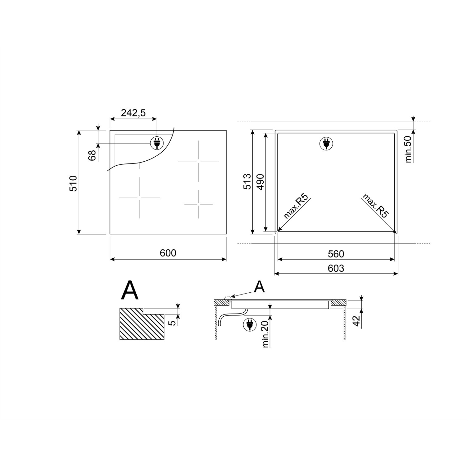 Schéma d'une table de cuisson à induction, montrant les mesures.