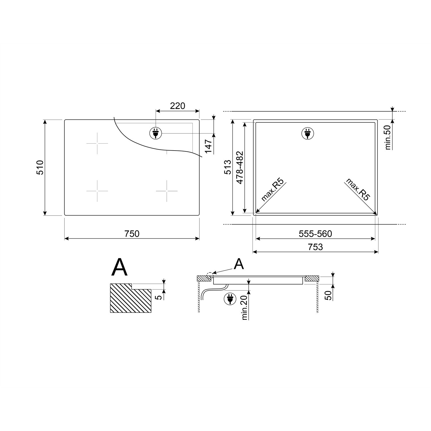 Schéma d'une table de cuisson avec dimensions et vues en coupe.